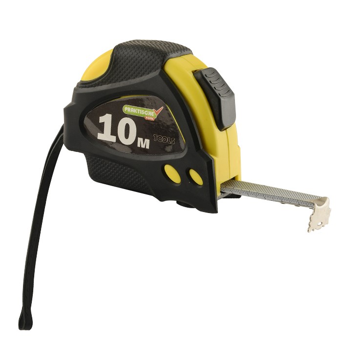 Рулетка "PRAKTISCHE TOOLS", 10 м х 25 мм, Автостоп, обрезинен корпус, 2 фиксатора