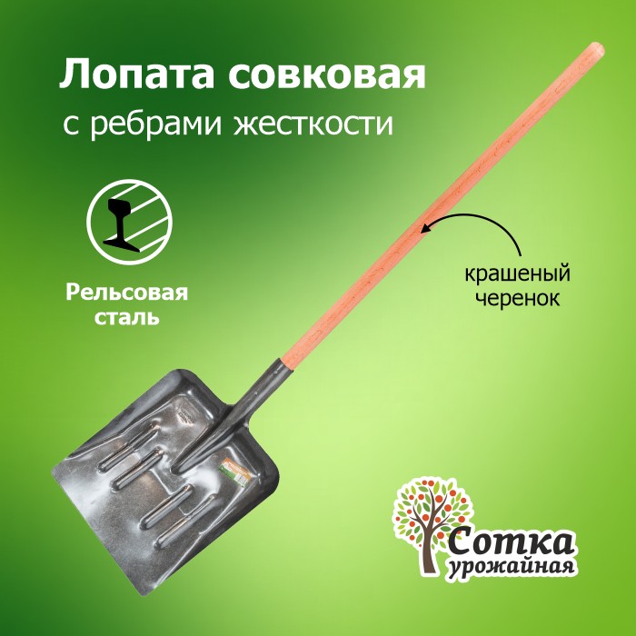Лопата совковая ЛСП рельс.сталь `Урожайная сотка` уборочная с ребр.жест с краш дер/чер S504-14