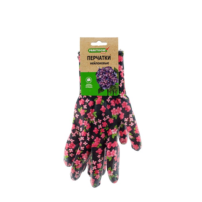 Перчатки нейлон облив нитрил с принтом черные с цветами 'Praktische Home' G-111-11 с этикеткой-подвесом