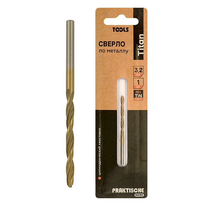 Сверло по металлу  3,2 мм Титан `PRAKTISCHE TOOLS` (уп. 1 шт) Blister