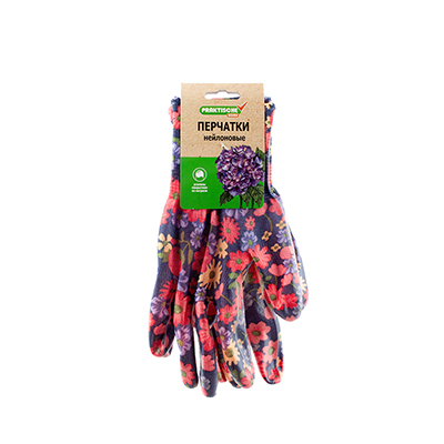 Перчатки нейлон облив нитрил с принтом темные с цветами 'Praktische Home' G-111-6 с этикеткой-подвесом
