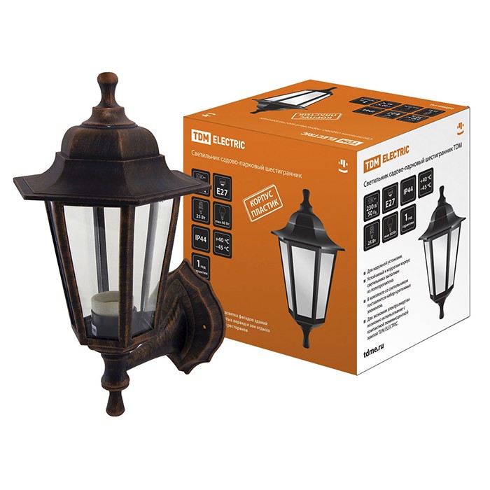 Светильник садово-парковый НБУ 06-60-001, шестигранник, Е27, 60 Вт, настенный, пластик, медь, TDM, SQ0330-0721