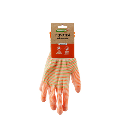 Перчатки нейлон полоска облив полиуретан оранжевые 'Praktische Home' G-117-1 с этикеткой-подвесом