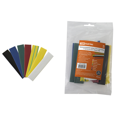 Трубка термоусаживаемая, ТУТнг, 16/8, набор 7 цветов по 3 шт. 100 мм, TDM, SQ0518-0508