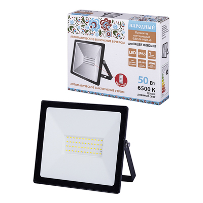 Прожектор светодиодный СДО-04-050Н-Ф, IP65, 50 Вт, 6500 К, с фотореле, черный, "Народный"SQ0336-0234