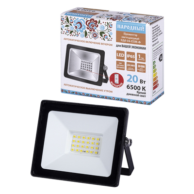 Прожектор светодиодный СДО-04-020Н-Ф, IP65, 20 Вт, 6500 К, , с фотореле, черный, "Народный"SQ0336-0232