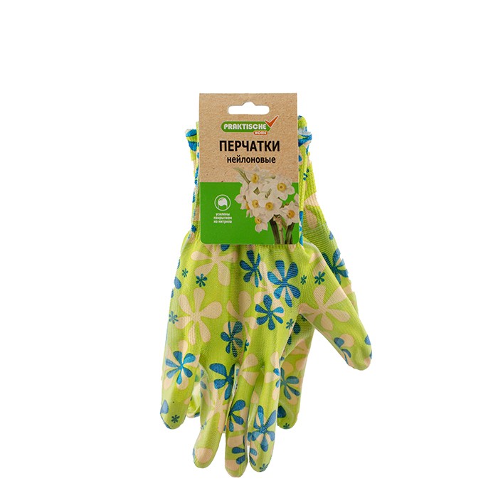 Перчатки нейлон облив нитрил с принтом зеленые с цветами 'Praktische Home' G-111-1 с этикеткой-подвесом