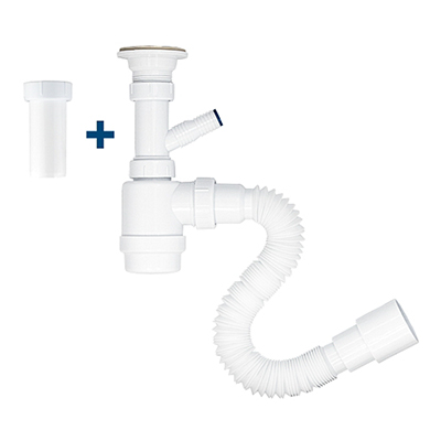 Сифон для умывальника 1¼ с гиб.труб. 40х40/50, вып.с нерж.реш, УНИВЕРС. 2в1 (в комп.доп.патрубок для отв. стир.маш)