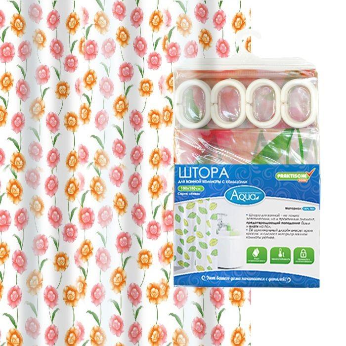 Шторка для ванной пвх 180х180 см `PRAKTISCHE HOME aqua` с кольцами хризантемы