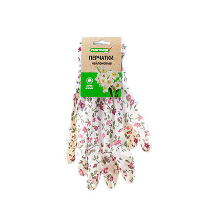 Перчатки нейлон облив нитрил с принтом белые с цветами 'Praktische Home' G-111-10 с этикеткой-подвесом