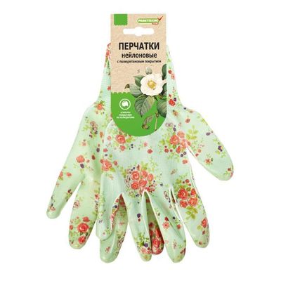Перчатки нейлон облив полиуретан с ПВХ 'Микроточка' с принтом светло-голубые с цветами 'Praktische Home' G-140-3 с этикеткой-подвесом
