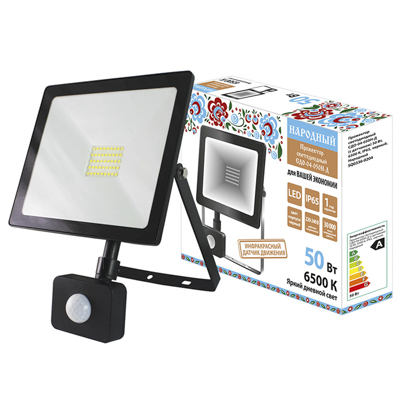 Прожектор светодиодный СДО-04-050Н-Д, IP65, 50 Вт, 6500 К, с датчиком, черный, "Народный"SQ0336-0204