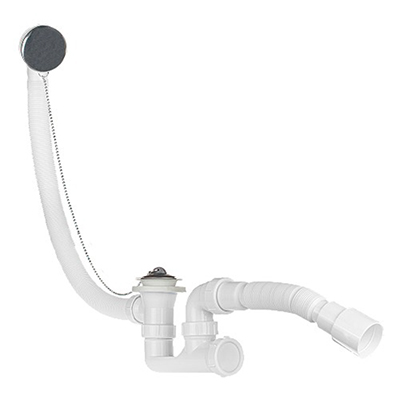 Сифон для ванны регулируемый 1½" с гиб.труб. 40х40/50, вып.с нерж. реш, перел. 53см,с пробкой на цеп.