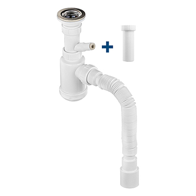 Сифон для кух.мойки 1½" с гиб.труб. 40х40/50, вып.с нерж.реш, УНИВЕРС. 2в1 (в комп.доп.патрубок для отв. посуд.маш)